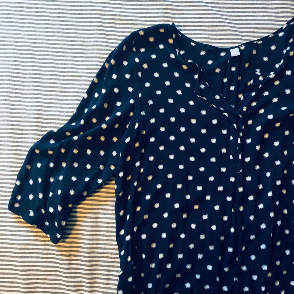 3/4 sleeve navy polka dot blouse